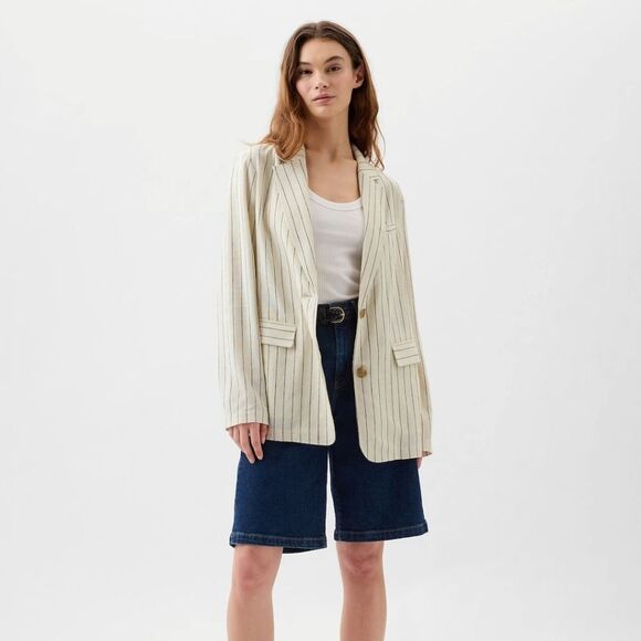 $120 NWT GAP LINEN FLAX BLEND Women's Cream Striped Blazer SZ XL - Picture 4 of 6